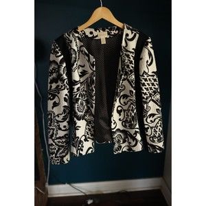 Chico's Open Front Quilted Fashion Jacket Black White Floral Pattern Womens 2